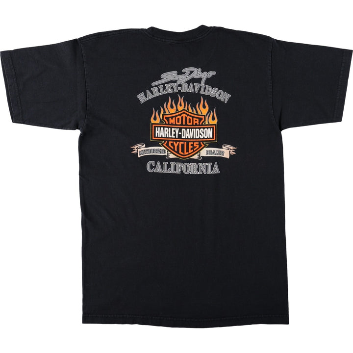 00'S Harley Davidson Eagle Pattern Fire Pattern Motorcycle Bike T-shirt Made in USA Men's L size cotton black type Vintage Second Hand