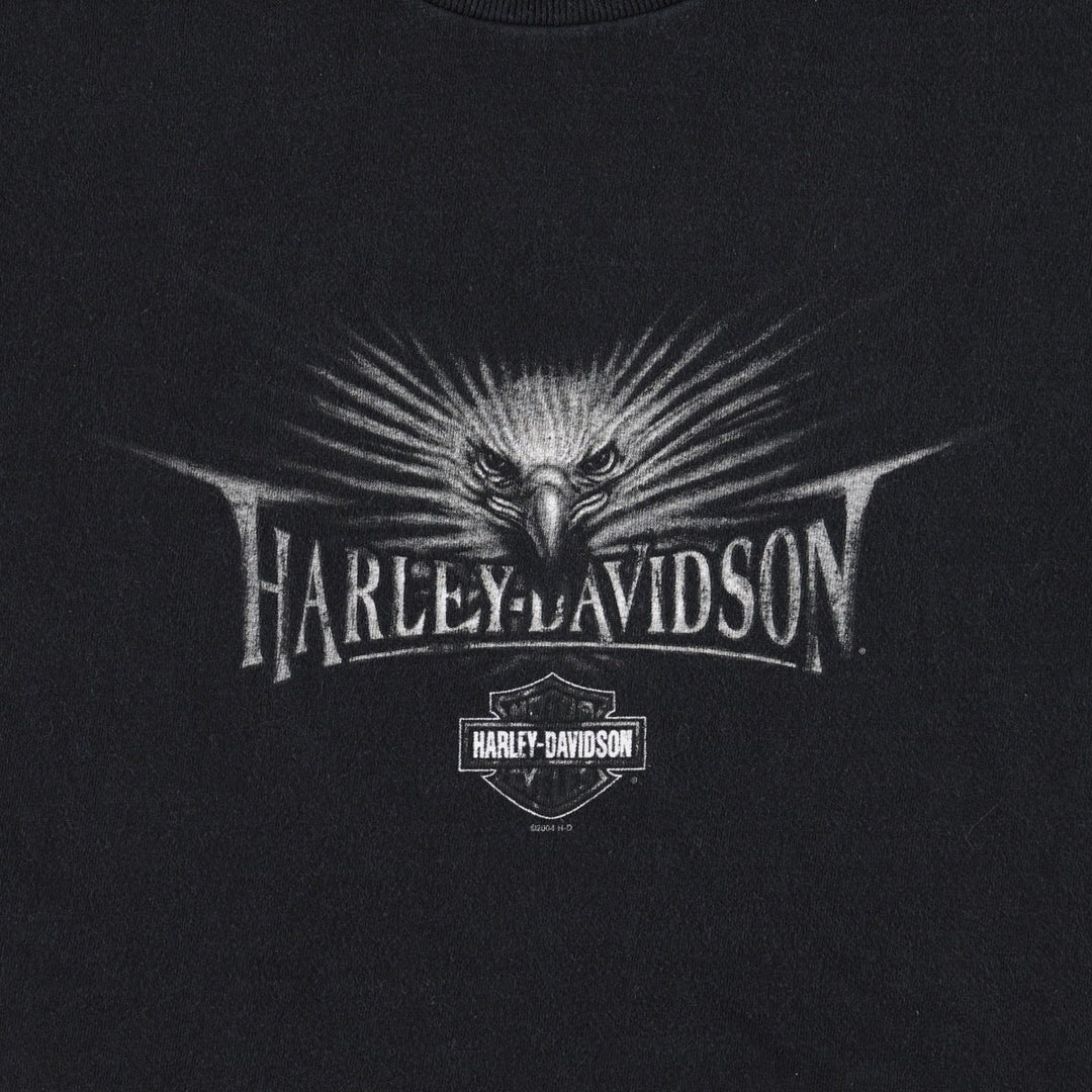 00'S Harley Davidson Eagle Pattern Fire Pattern Motorcycle Bike T-shirt Made in USA Men's L size cotton black type Vintage Second Hand