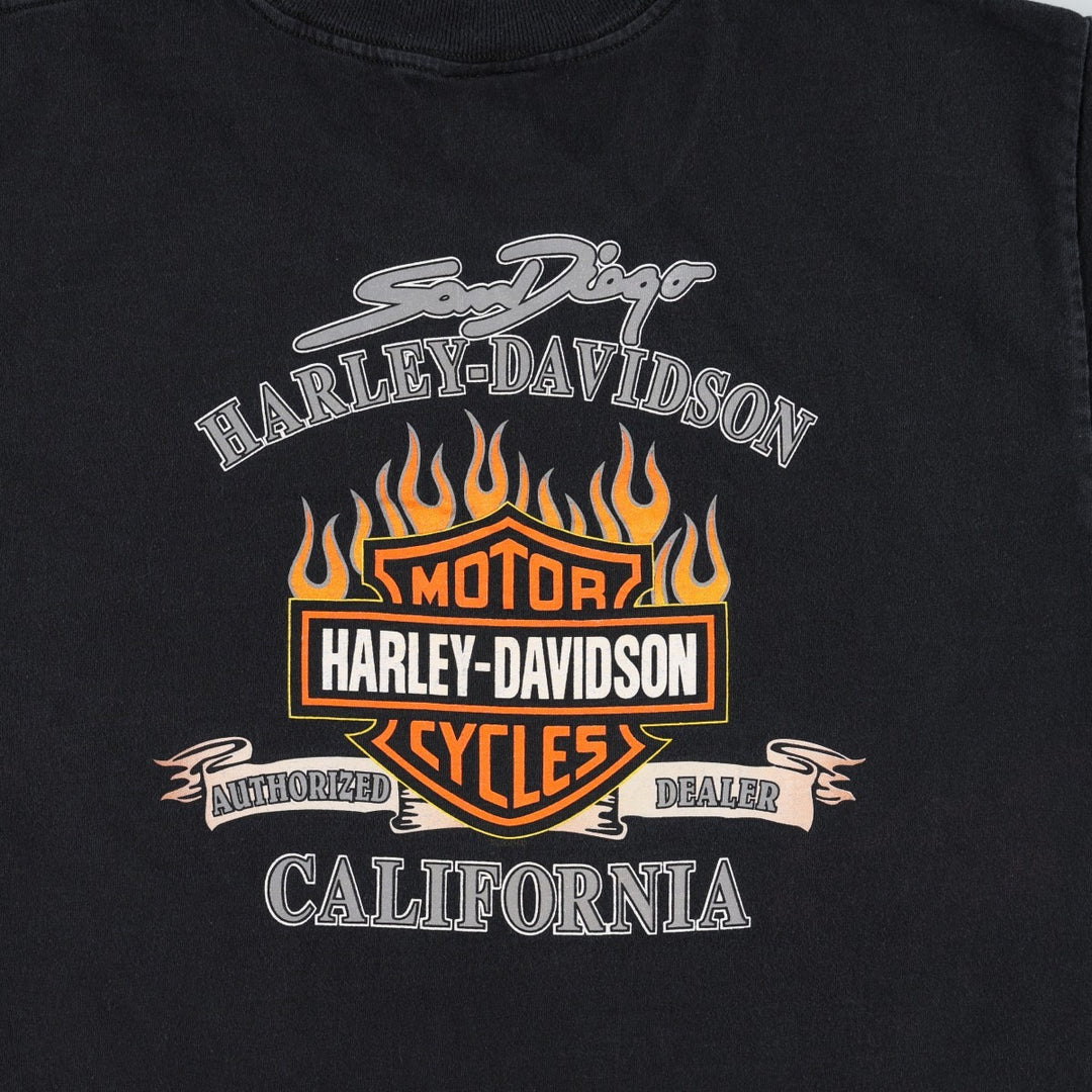 00'S Harley Davidson Eagle Pattern Fire Pattern Motorcycle Bike T-shirt Made in USA Men's L size cotton black type Vintage Second Hand