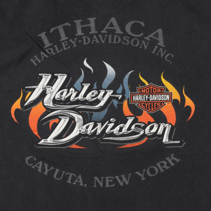 Harley-Davidson Fire Pattern Tribal Motorcycle T-Shirt, Made in USA, Men's Size XL (approx.) cotton black type Vintage Second Hand