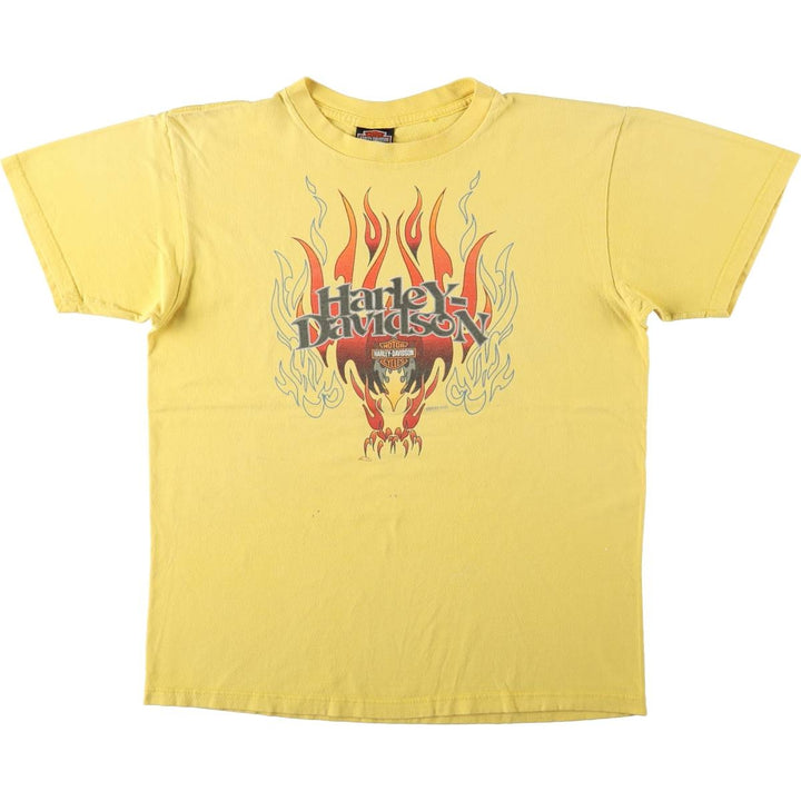 00'S Harley-Davidson Fire Pattern Motorcycle Bike T-Shirt Made in USA Men's L size cotton lemon yellow Vintage Second Hand