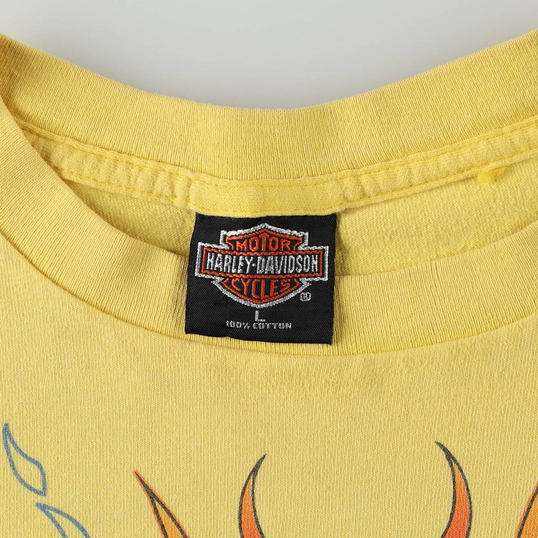 00'S Harley-Davidson Fire Pattern Motorcycle Bike T-Shirt Made in USA Men's L size cotton lemon yellow Vintage Second Hand