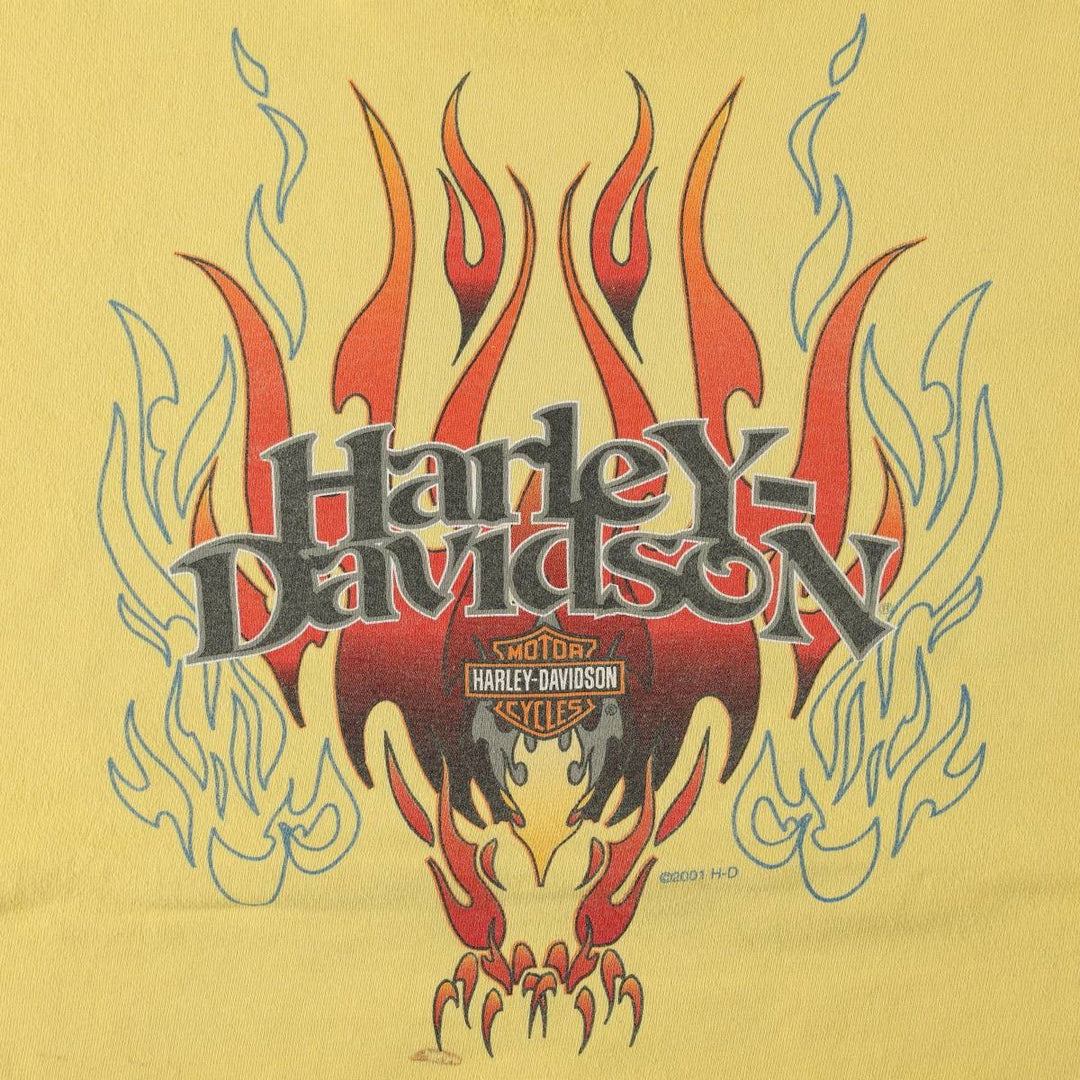 00'S Harley-Davidson Fire Pattern Motorcycle Bike T-Shirt Made in USA Men's L size cotton lemon yellow Vintage Second Hand