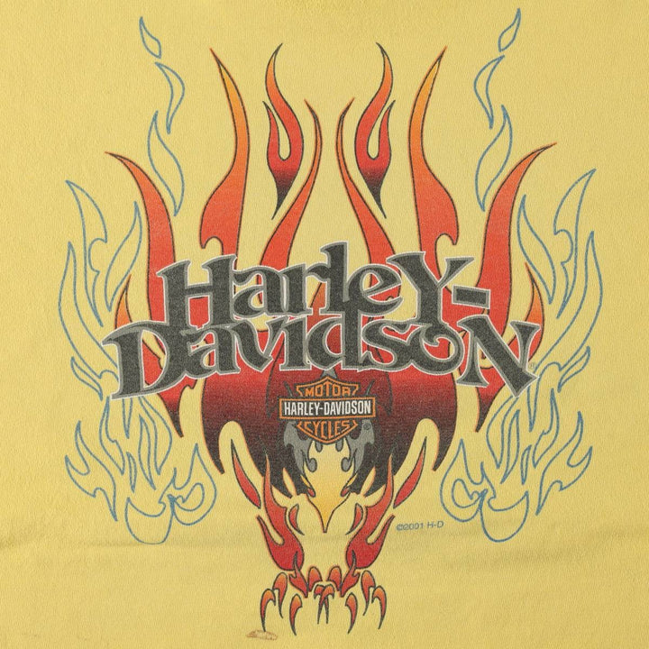 00'S Harley-Davidson Fire Pattern Motorcycle Bike T-Shirt Made in USA Men's L size cotton lemon yellow Vintage Second Hand