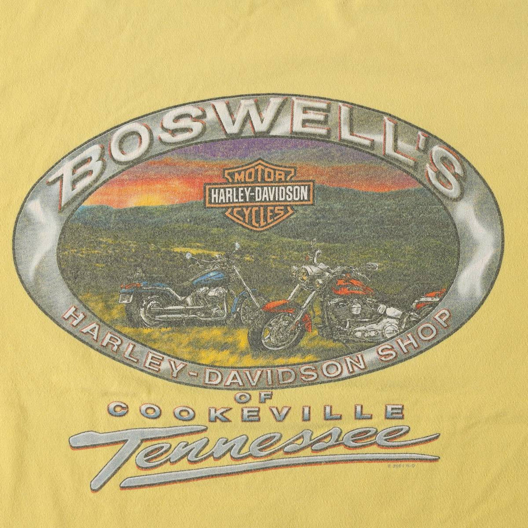 00'S Harley-Davidson Fire Pattern Motorcycle Bike T-Shirt Made in USA Men's L size cotton lemon yellow Vintage Second Hand