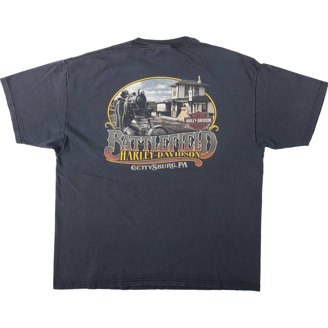 00'S Harley-Davidson Fire Pattern Motorcycle Bike T-Shirt Made in USA Men's XXL cotton black type Vintage Second Hand