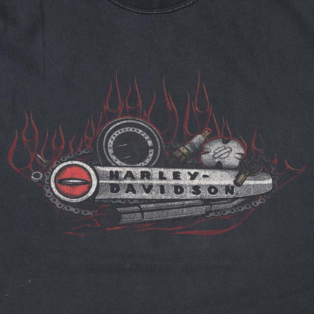 00'S Harley-Davidson Fire Pattern Motorcycle Bike T-Shirt Made in USA Men's XXL cotton black type Vintage Second Hand