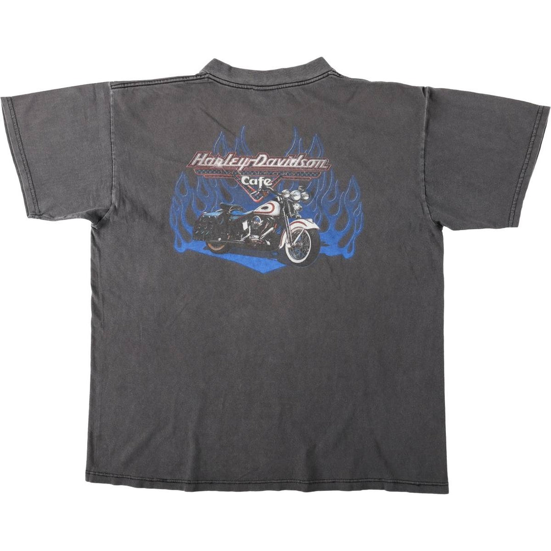 90'S Harley-Davidson Cafe Racer Fire Pattern Motorcycle T-Shirt, Men's Size XL (approx.) cotton black type Vintage Second Hand