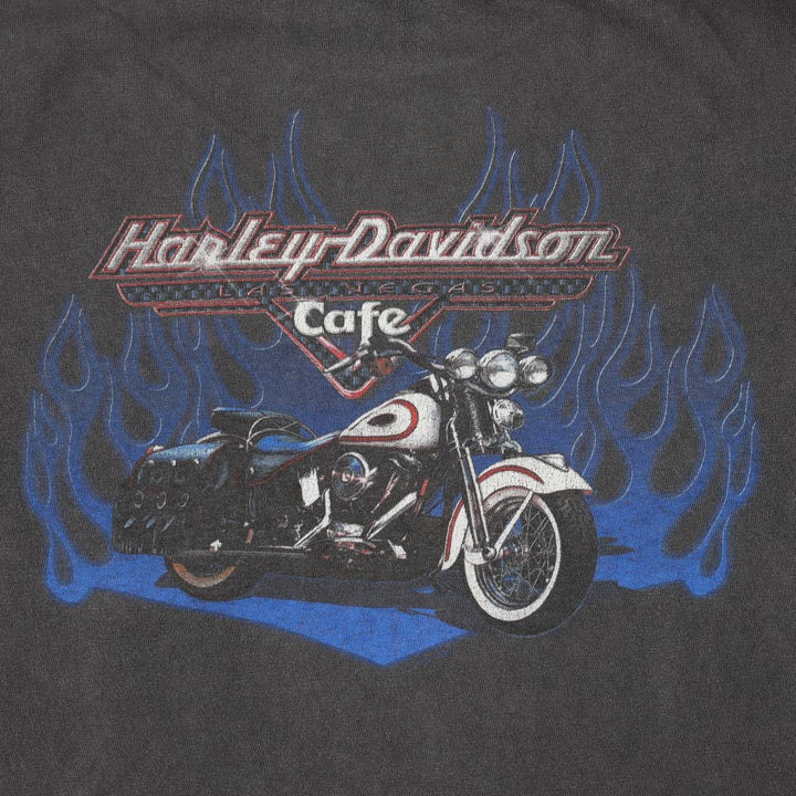 90'S Harley-Davidson Cafe Racer Fire Pattern Motorcycle T-Shirt, Men's Size XL (approx.) cotton black type Vintage Second Hand