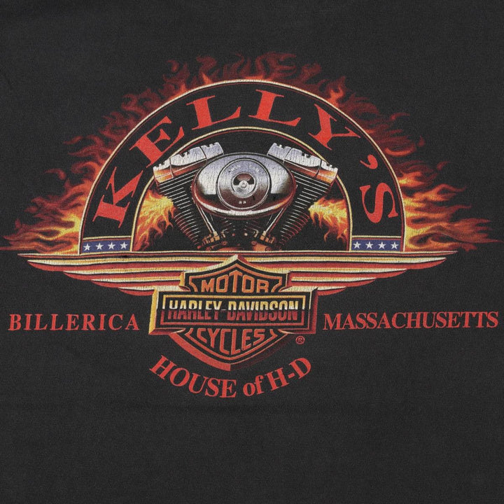 00'S Harley-Davidson Fire Pattern Motorcycle Bike T-Shirt Made in USA Men's L size cotton black type Vintage Second Hand