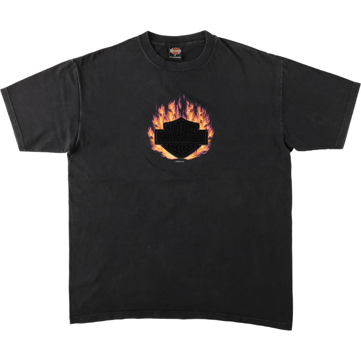 00'S Harley-Davidson Fire Pattern Motorcycle Bike T-Shirt Made in USA Men's XL cotton black type Vintage Second Hand
