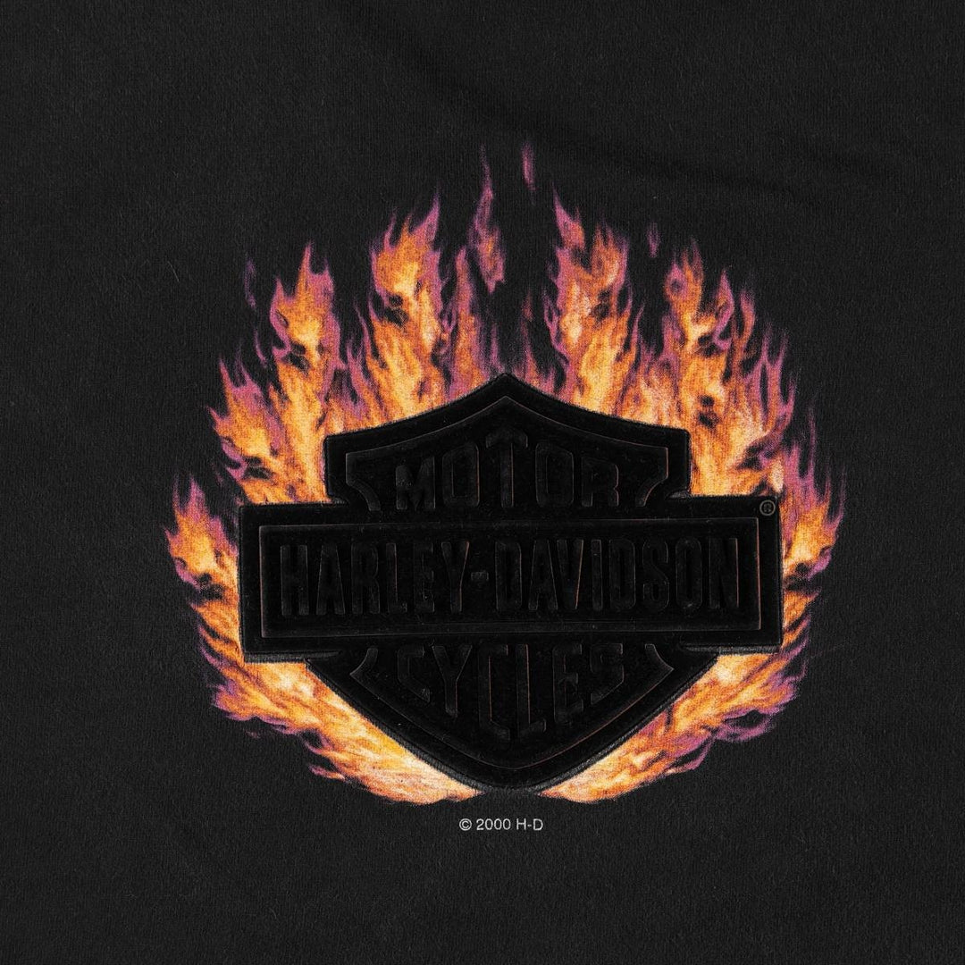 00'S Harley-Davidson Fire Pattern Motorcycle Bike T-Shirt Made in USA Men's XL cotton black type Vintage Second Hand