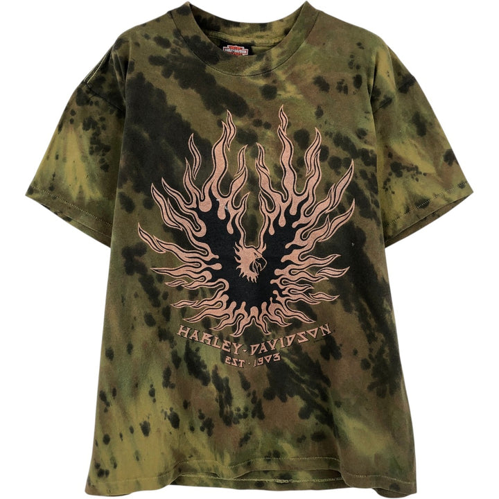 90'S Harley-Davidson Tie-Dye Pattern Eagle Pattern Fire Pattern Motorcycle Bike T-Shirt Men's Size M (approx.) cotton Khaki type Vintage Second Hand