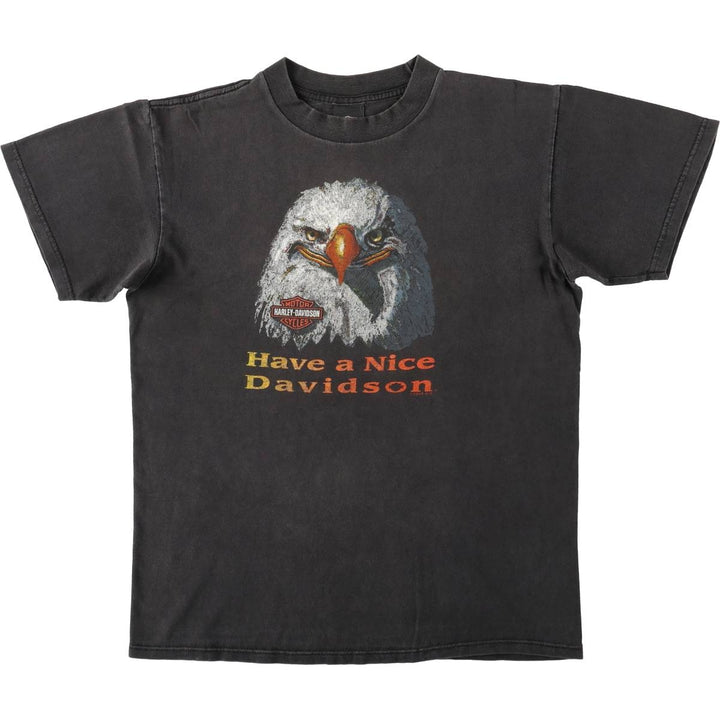 Harley-Davidson Eagle Pattern American Flag Motorcycle T-Shirt, Made in USA, Men's Size M (approx.) cotton black type Vintage Second Hand