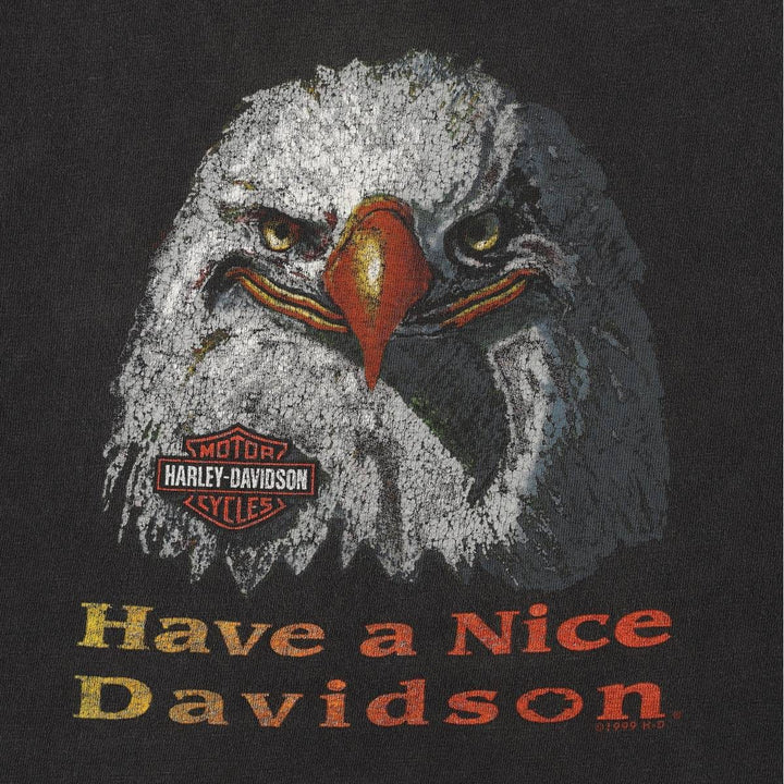 Harley-Davidson Eagle Pattern American Flag Motorcycle T-Shirt, Made in USA, Men's Size M (approx.) cotton black type Vintage Second Hand