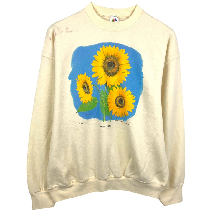 90'S Fruit of the Loom Floral Sunflower Pattern Print Sweatshirt, Made in USA, Men's Size L (approx.), Vintage cotton unbleached Vintage Second Hand