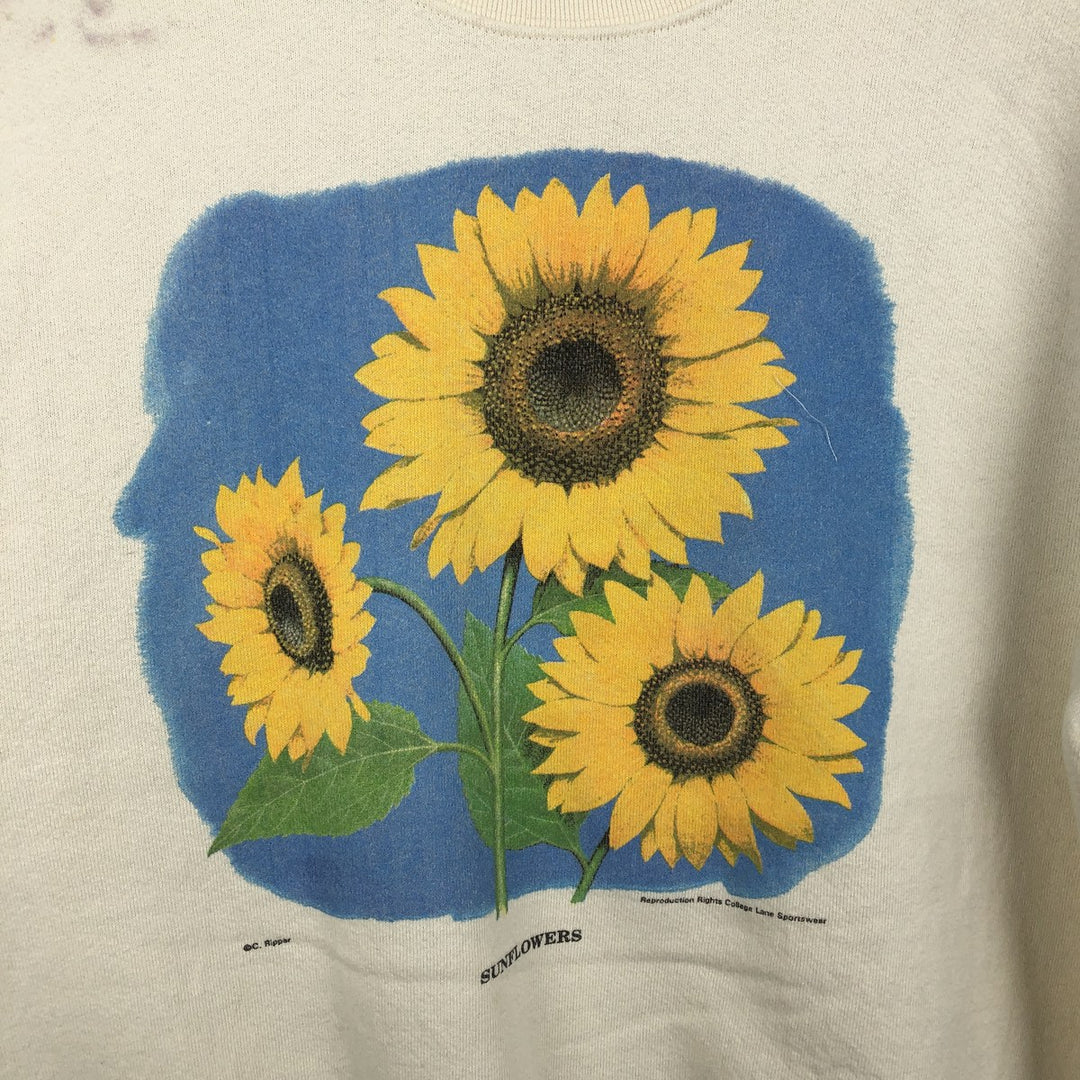 90'S Fruit of the Loom Floral Sunflower Pattern Print Sweatshirt, Made in USA, Men's Size L (approx.), Vintage cotton unbleached Vintage Second Hand
