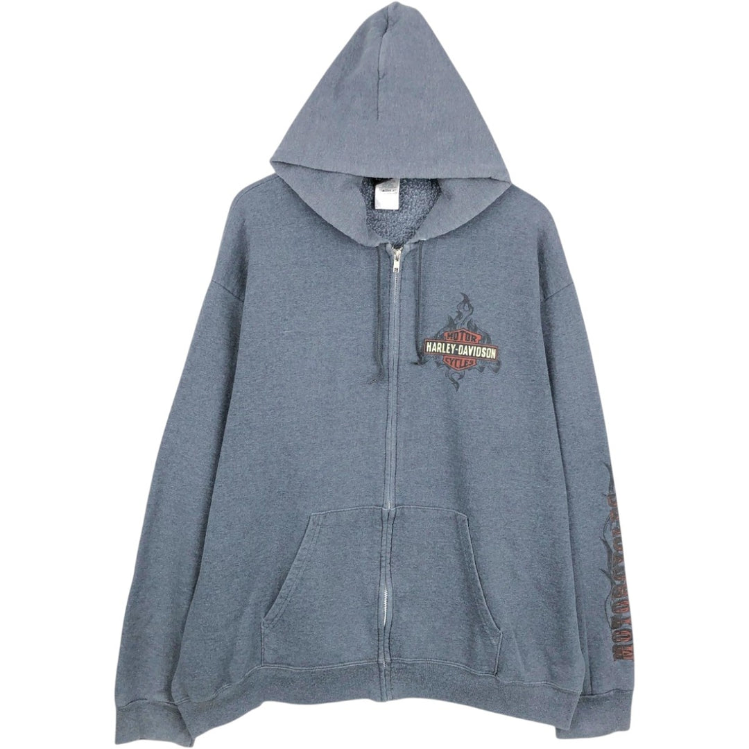 Harley-Davidson Fire Pattern Eagle Pattern Tribal Sweat Full-Zip Hoodie, Men's XXL Equivalent cotton Charcoal Vintage Second Hand