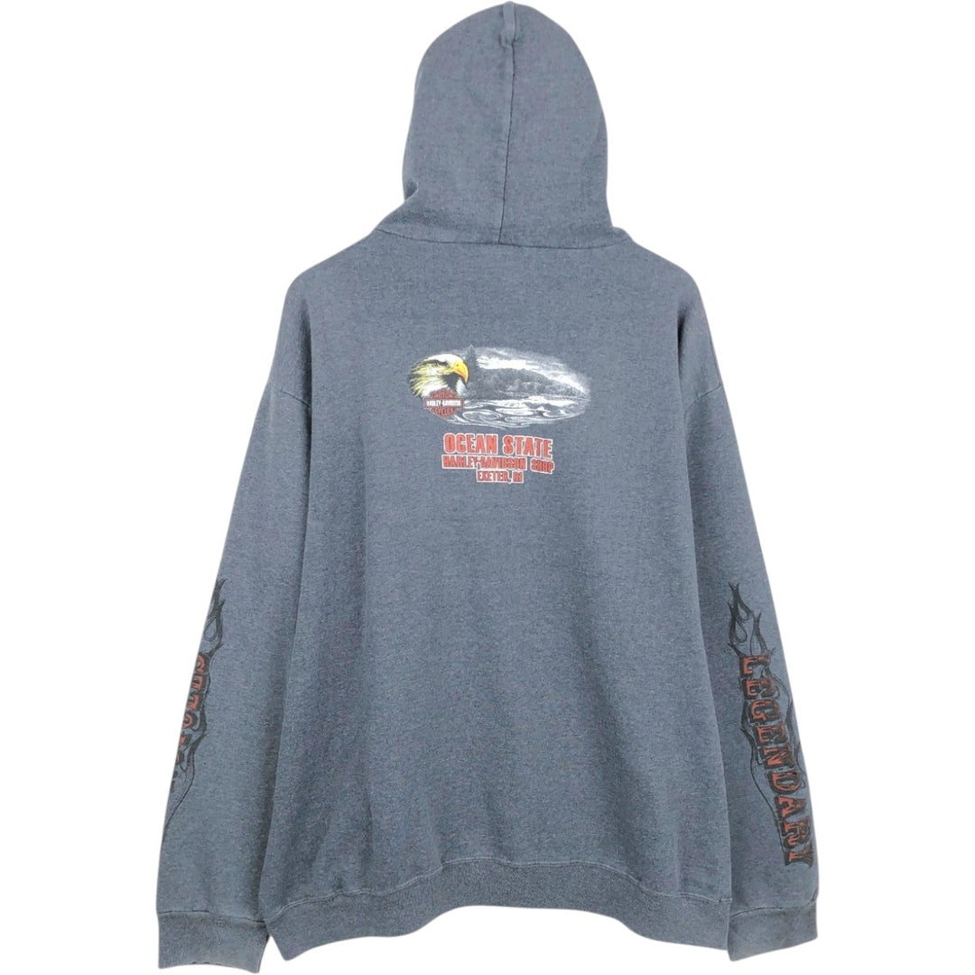 Harley-Davidson Fire Pattern Eagle Pattern Tribal Sweat Full-Zip Hoodie, Men's XXL Equivalent cotton Charcoal Vintage Second Hand