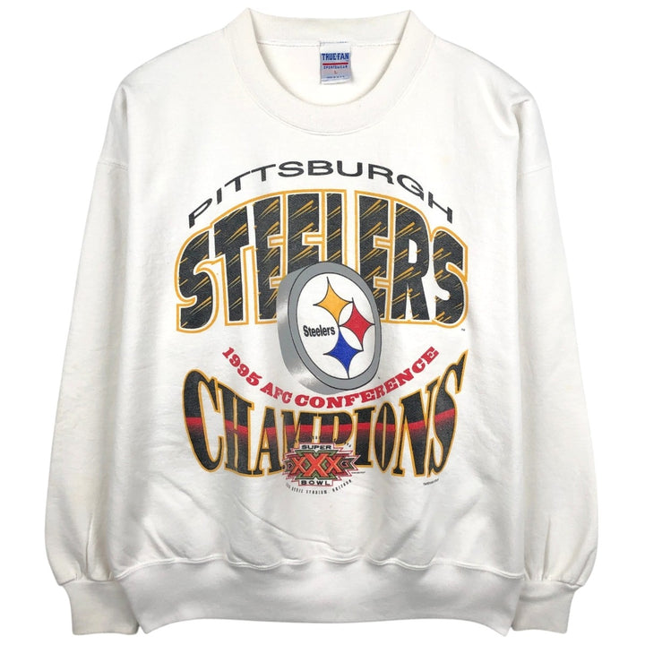 90'S TRUE-FAN Pittsburgh Steelers Super Bowl Print Sweatshirt, Made in USA, Men's Size L (approx.) cotton white type Vintage Second Hand