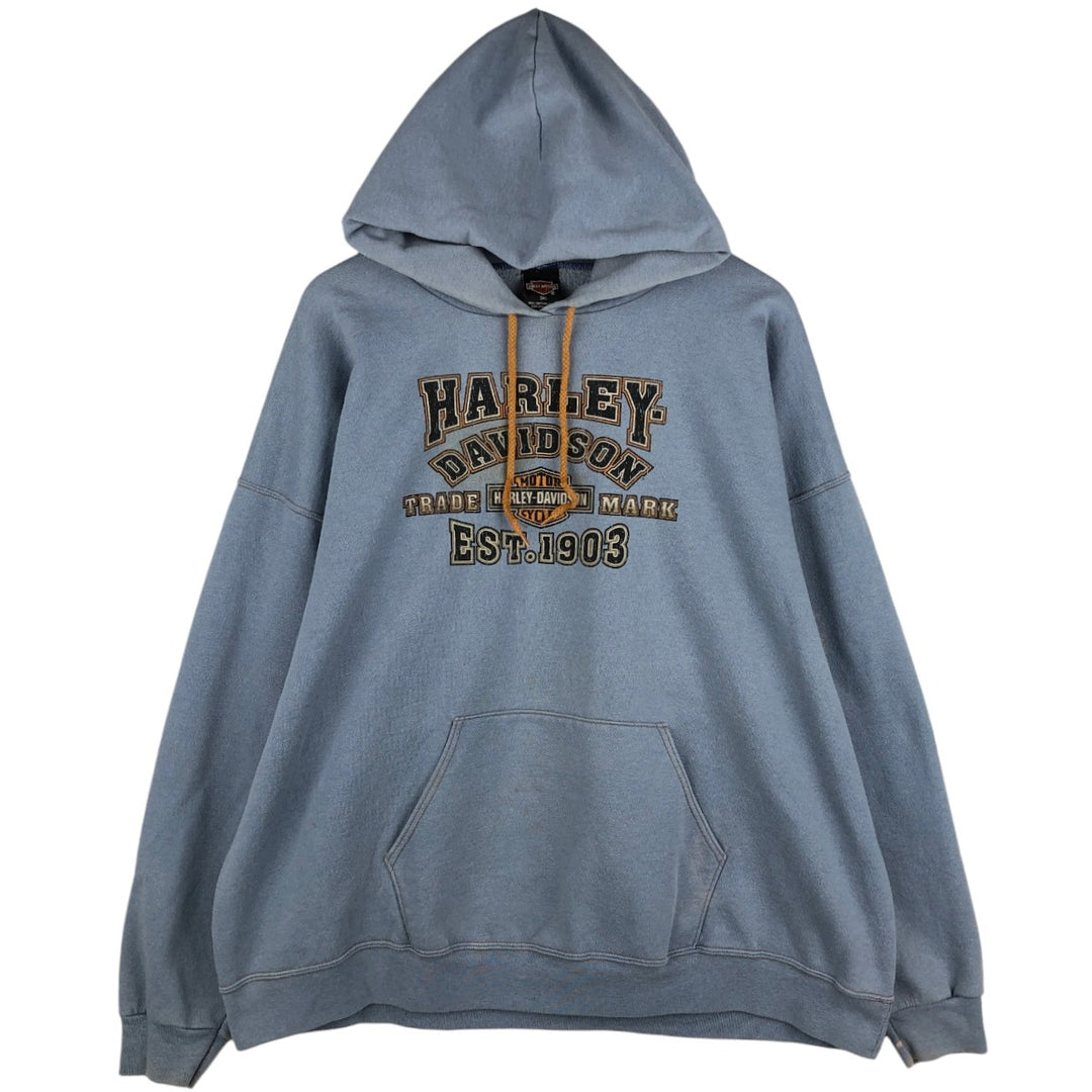 Harley-Davidson Advertising Sweatshirt Pullover Hoodie, Made in USA, Men's Size XXXL (equivalent), Double-Sided Print cotton Blue type light blue Vintage Second Hand
