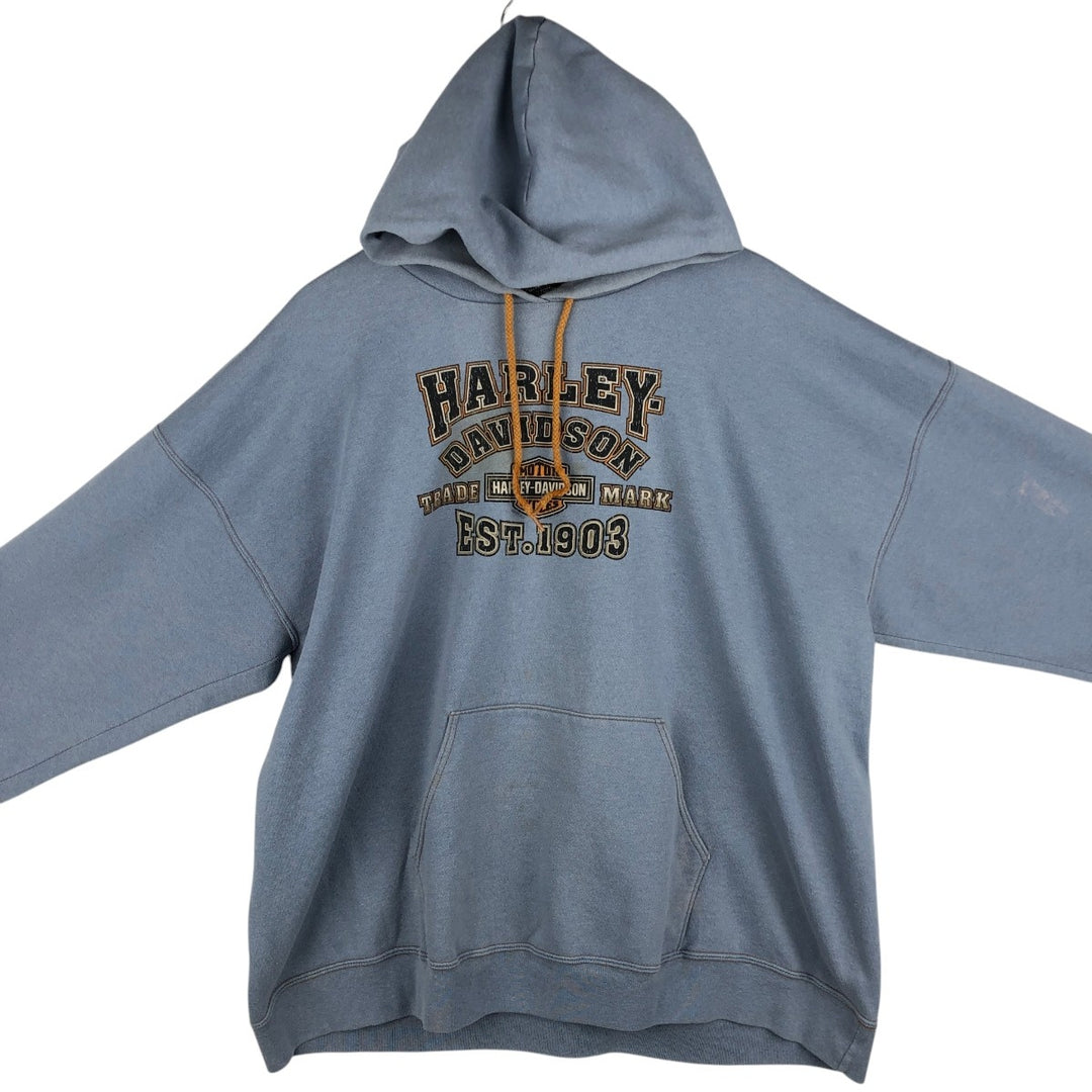 Harley-Davidson Advertising Sweatshirt Pullover Hoodie, Made in USA, Men's Size XXXL (equivalent), Double-Sided Print cotton Blue type light blue Vintage Second Hand