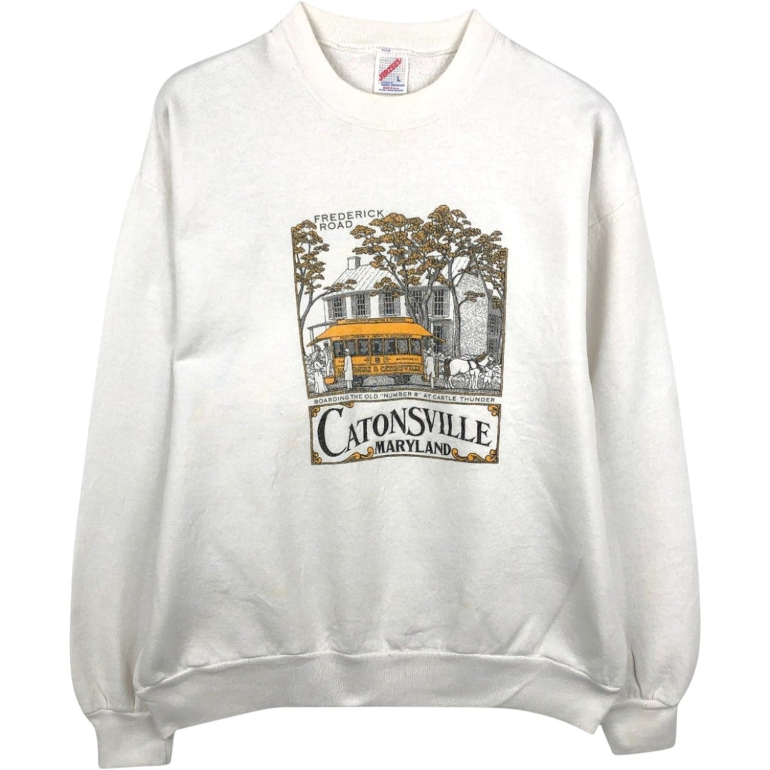 Vintage 90'S Jerzees printed sweatshirt, made in the USA, size L, men's cotton white type Vintage Second Hand
