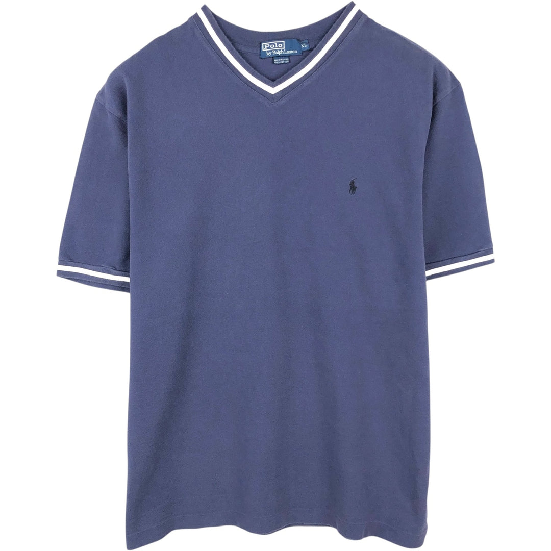 Ralph Lauren POLO by Ralph Lauren pique knit short-sleeved V-neck T-shirt, men's size XL (approx.) cotton navy blue type Vintage Second Hand