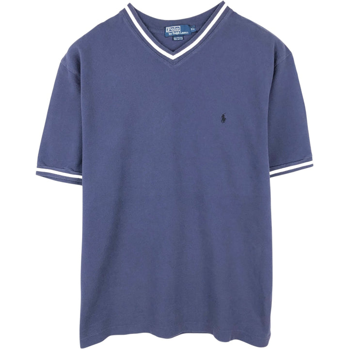 Ralph Lauren POLO by Ralph Lauren pique knit short-sleeved V-neck T-shirt, men's size XL (approx.) cotton navy blue type Vintage Second Hand