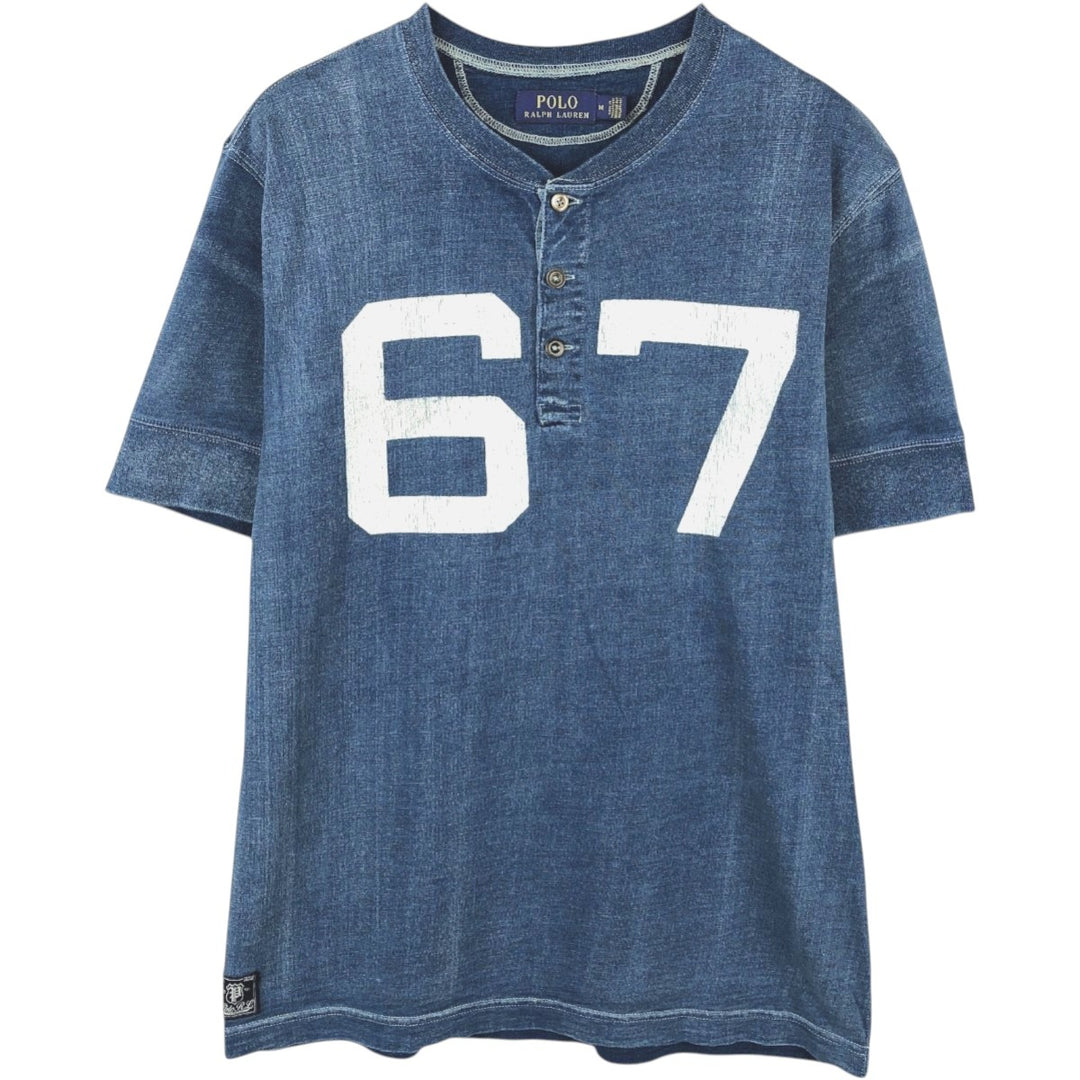 Ralph Lauren POLO RALPH LAUREN Henley neck short-sleeved printed T-shirt, men's size M (approx.) unclear blue type Vintage Second Hand
