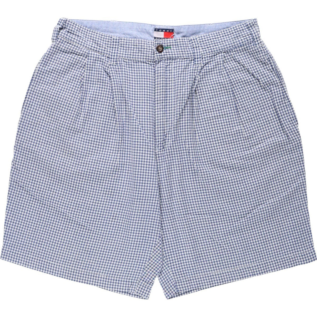 1990'S Tommy Hilfiger Gingham Check Two-Pleat Cotton Shorts, Men's Size W34 (approx.), Vintage cotton navy blue type Vintage Second Hand