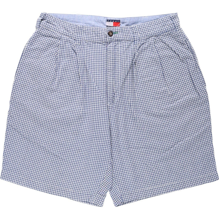 1990'S Tommy Hilfiger Gingham Check Two-Pleat Cotton Shorts, Men's Size W34 (approx.), Vintage cotton navy blue type Vintage Second Hand