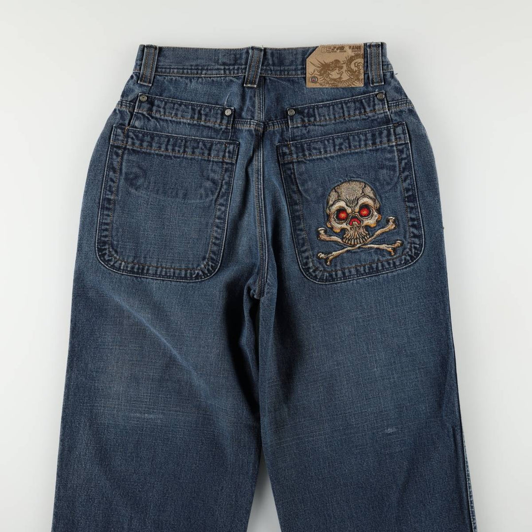 2000'S JNCO JEANS Skull Pattern Tapered Denim Pants, Women's Size L (W29 equivalent) cotton blue type Vintage Second Hand