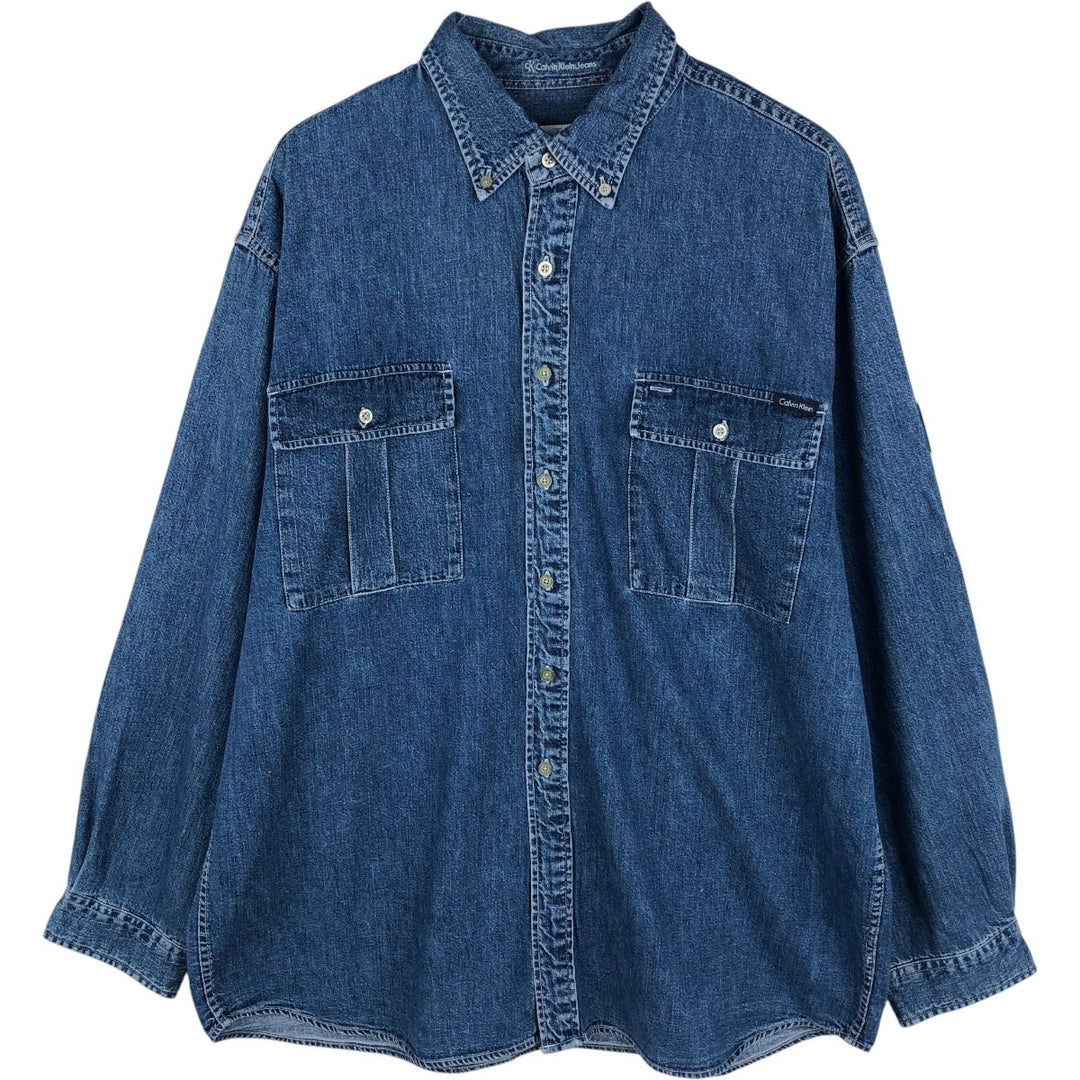 1990'S Calvin Klein Jeans Long-Sleeve Button-Down Denim Shirt, Men's Size XL (Vintage) cotton Indigo Vintage Second Hand