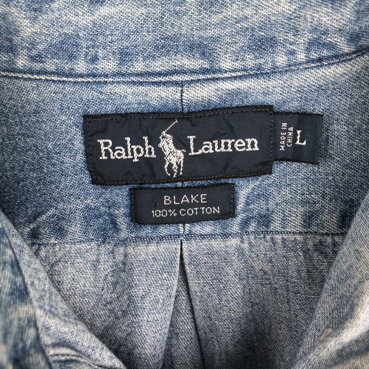Ralph Lauren BLAKE Long-Sleeve Button-Down Denim Shirt, Men's Size L (approx.) cotton blue type Vintage Second Hand