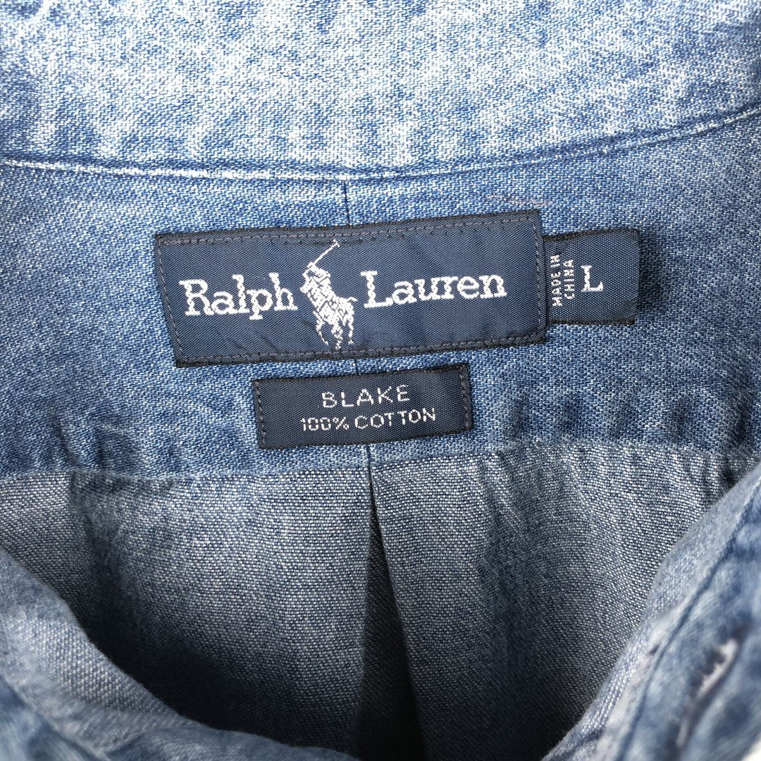 Ralph Lauren BLAKE Long-Sleeve Button-Down Denim Shirt, Men's Size L (approx.) cotton blue type Vintage Second Hand