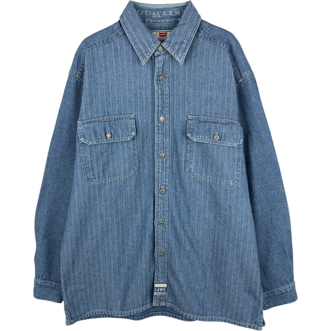 90'S Levi's Herringbone Long-Sleeve Denim Shirt, Boxy Shirt, Men's Size L (Equivalent), Vintage cotton blue type Vintage Second Hand