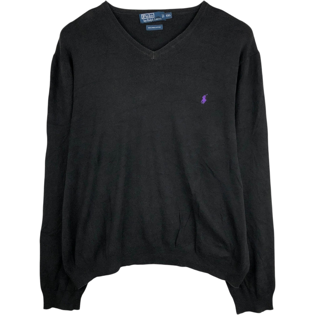 Ralph Lauren POLO by Ralph Lauren V-neck Pima cotton knit sweater, men's size XXL Pima Cotton black type Vintage Second Hand