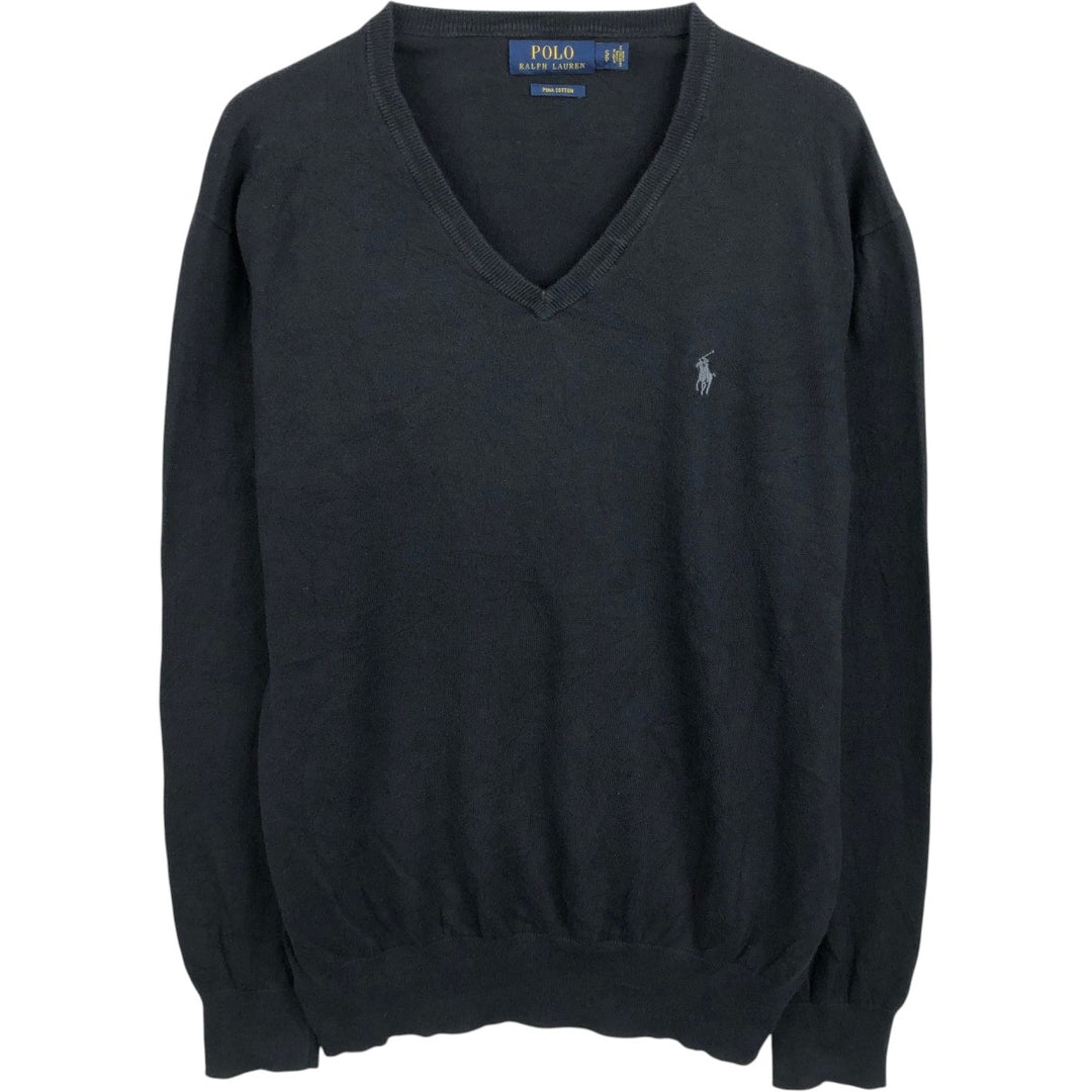 Ralph Lauren POLO by Ralph Lauren V-neck cotton knit sweater, men's size S cotton black type Vintage Second Hand