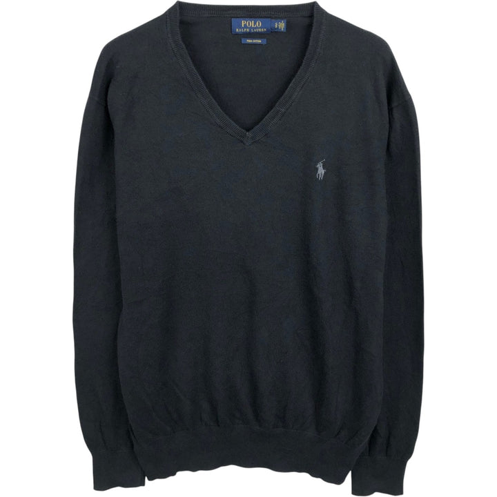 Ralph Lauren POLO by Ralph Lauren V-neck cotton knit sweater, men's size S cotton black type Vintage Second Hand
