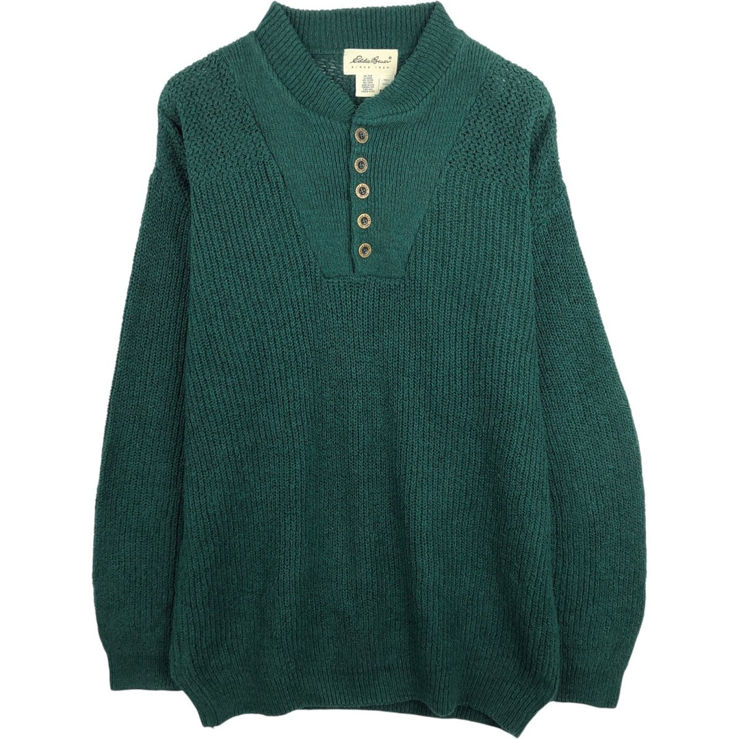 1990'S Eddie Bauer Henley Neck Cotton Knit Sweater, Made in USA, Men's Size L (approx.), Vintage cotton green type Vintage Second Hand