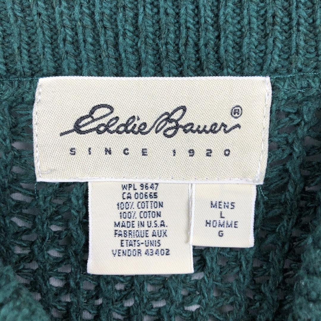 1990'S Eddie Bauer Henley Neck Cotton Knit Sweater, Made in USA, Men's Size L (approx.), Vintage cotton green type Vintage Second Hand