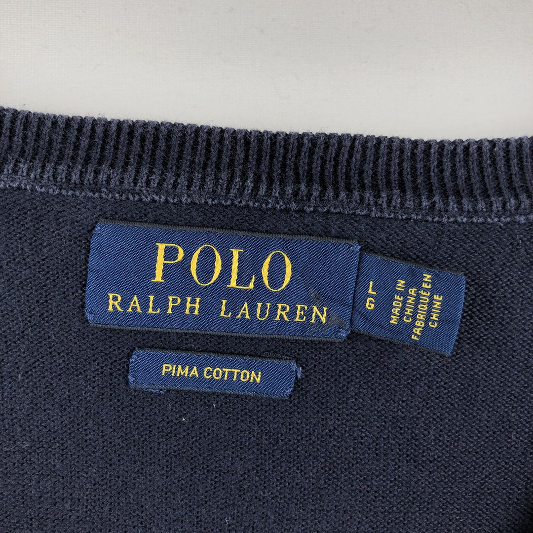 Ralph Lauren POLO RALPH LAUREN V-neck Pima cotton knit sweater, men's size L Pima Cotton navy blue type Vintage Second Hand