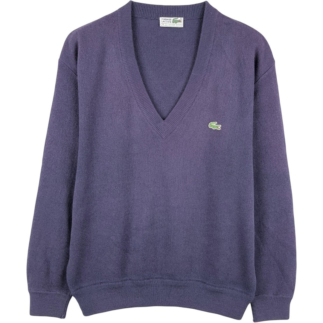 1980'S Lacoste CHEMISE French Lacoste V-neck acrylic knit sweater, made in Spain, men's size M equivalent, vintage. acrylic Purple type blue-purple Vintage Second Hand