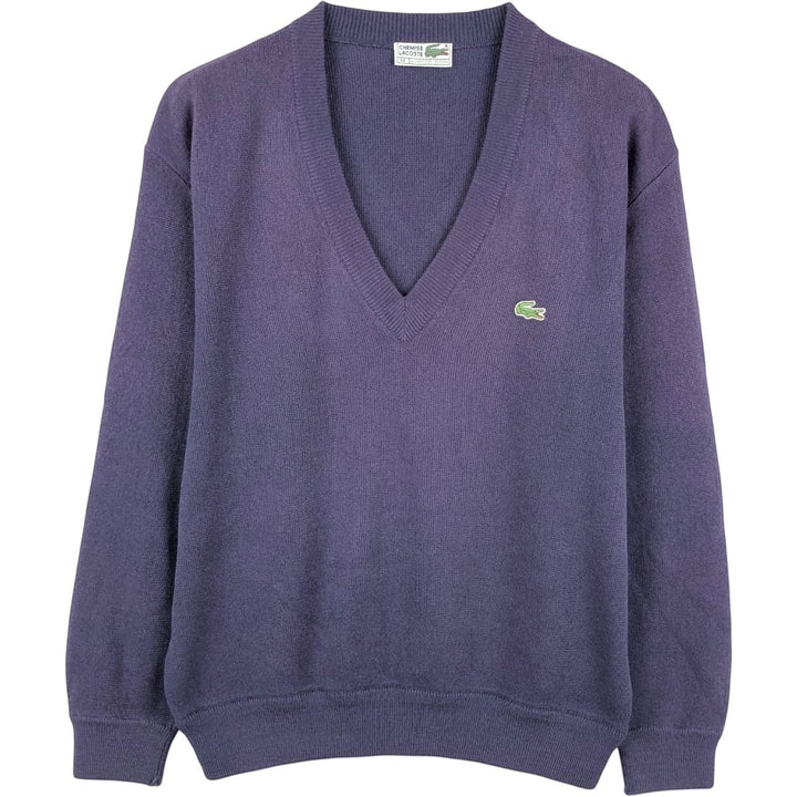 1980'S Lacoste CHEMISE French Lacoste V-neck acrylic knit sweater, made in Spain, men's size M equivalent, vintage. acrylic Purple type blue-purple Vintage Second Hand