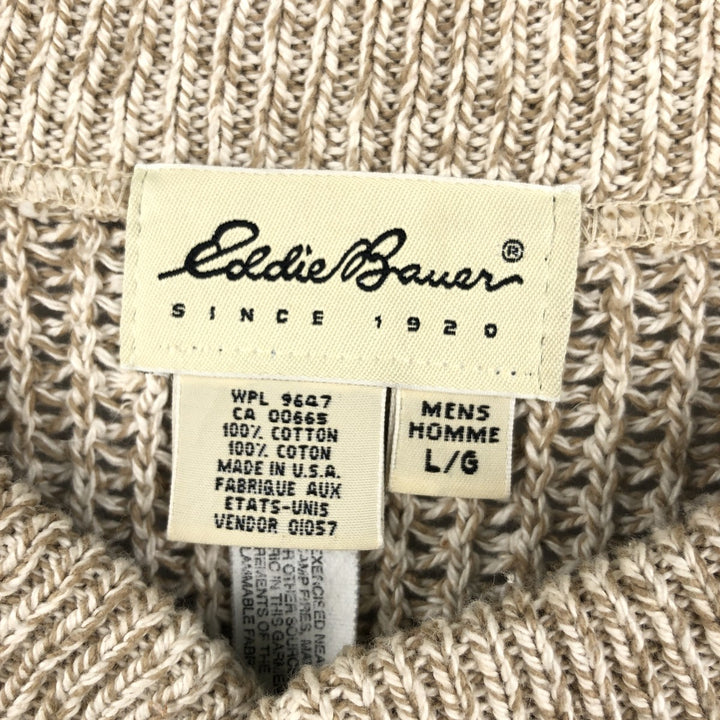 1990'S Eddie Bauer Henley Neck Ribbed Cotton Knit Sweater, Made in USA, Men's Size L (approx.), Vintage cotton Beige type Vintage Second Hand