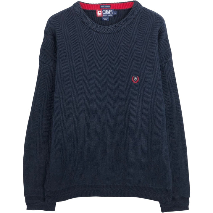 Ralph Lauren CHAPS Herringbone Cotton Knit Sweater, Men's Size L cotton navy blue type Vintage Second Hand