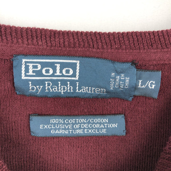 Ralph Lauren POLO by Ralph Lauren Cotton Knit Sweater, Men's Size L (approx.), Front V-gusset cotton Red type red-purple Vintage Second Hand