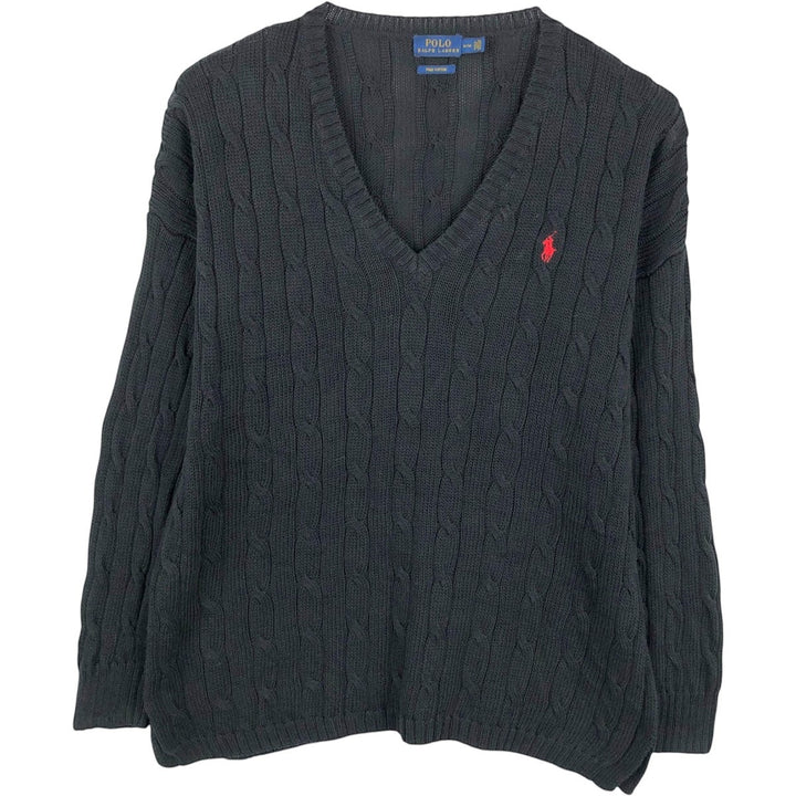 Ralph Lauren POLO RALPH LAUREN Cable Knit V-Neck Cotton Sweater, Men's Size M (approx.) cotton black type Vintage Second Hand