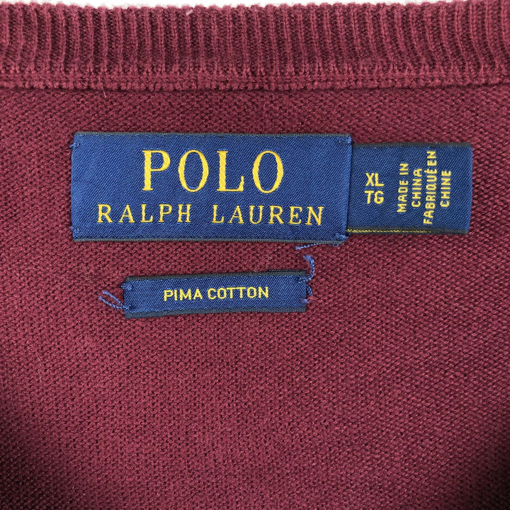 Ralph Lauren POLO RALPH LAUREN V-neck Pima cotton knit sweater, men's size XL Pima Cotton burgundy type Vintage Second Hand